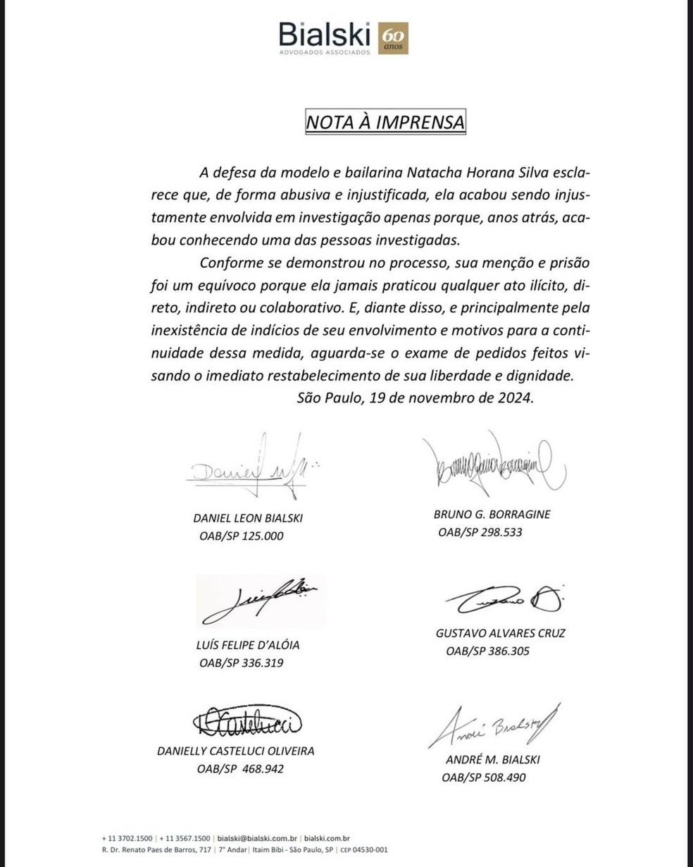 O comunicado dos advogados de Natacha Horana — Foto: Reprodução/Instagram Natacha Horana