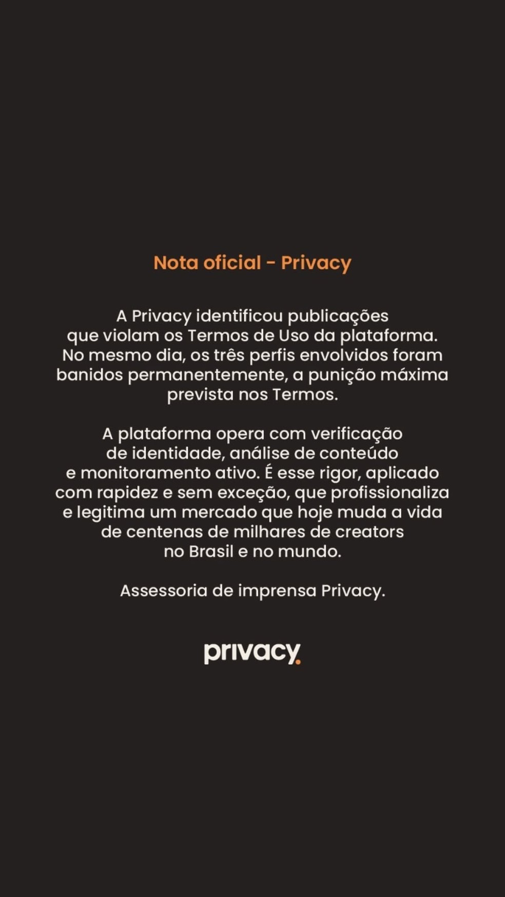 Comunicado da Privacy — Foto: Reprodução/Instagram