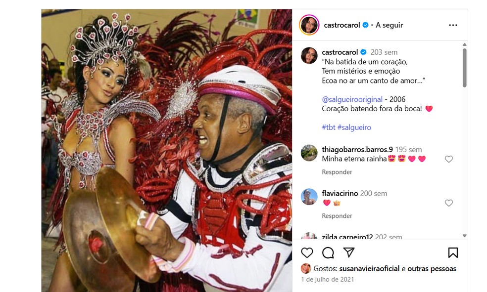 Carol Castro como Rainha de Bateria do Salgueiro — Foto: Reprodução/Instagram
