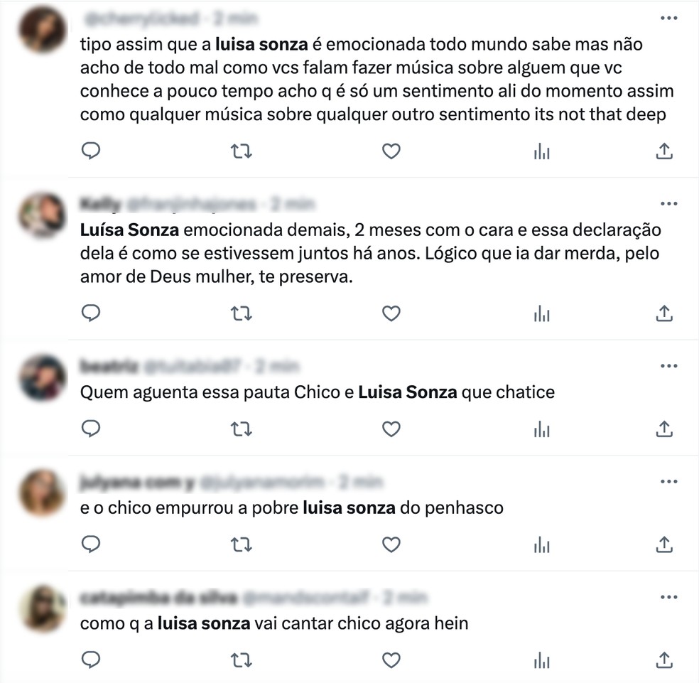 F&atilde;s comentam sobre a m&uacute;sica 'Chico' ap&oacute;s trai&ccedil;&atilde;o do streamer durante namoro com Lu&iacute;sa Sonza &mdash; Foto: Reprodu&ccedil;&atilde;o / Twitter