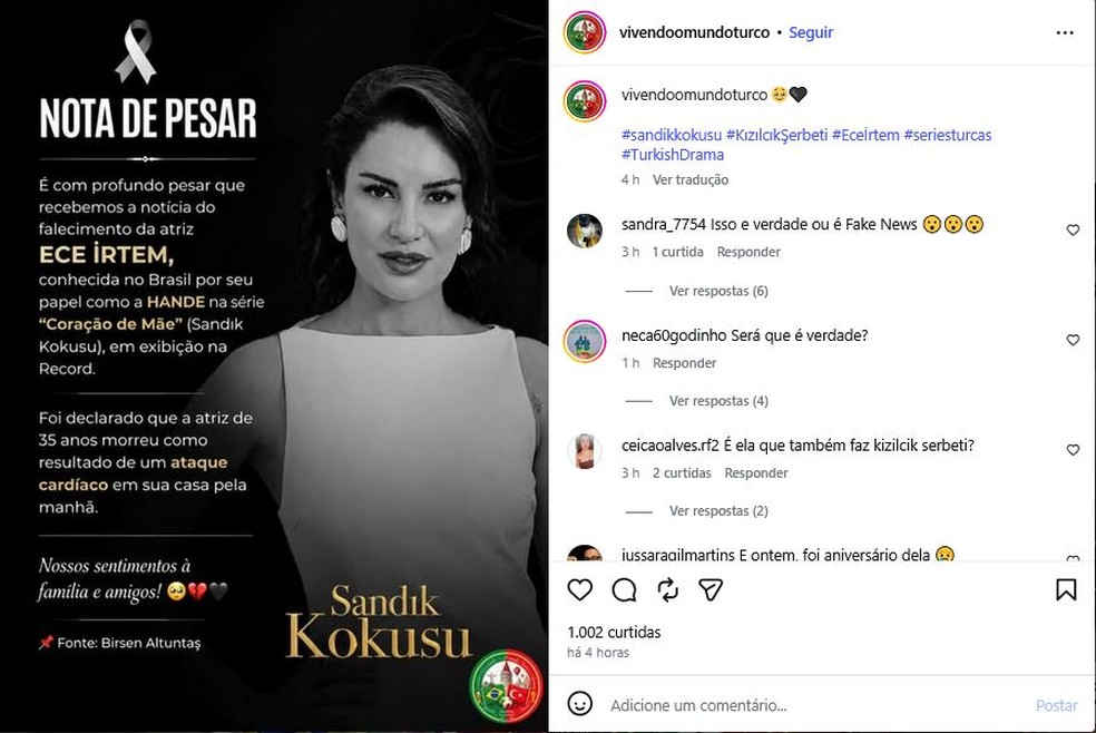 Morte foi divulgada pelo perfil Vivendo o Mundo Turco, especializado em produções turcas — Foto: Reprodução/Instagram
