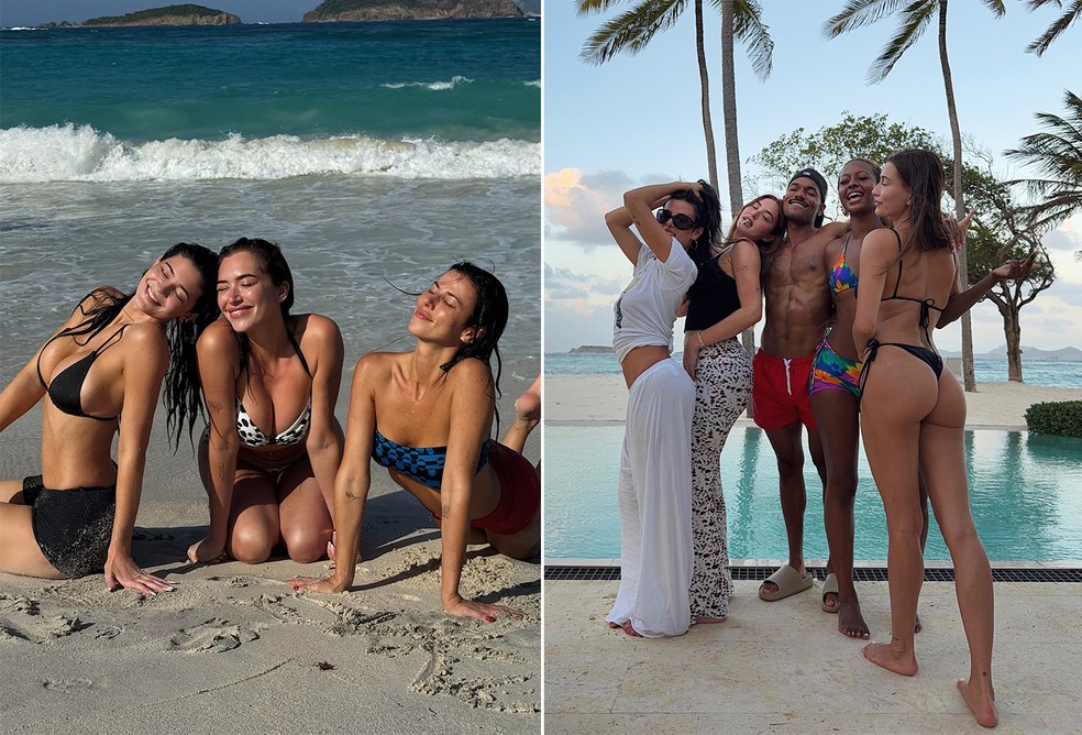 Kylie Jenner (esq) e Hailey Bieber (dir) curtem praia e piscina com amigos — Foto: Reprodução/Instagram
