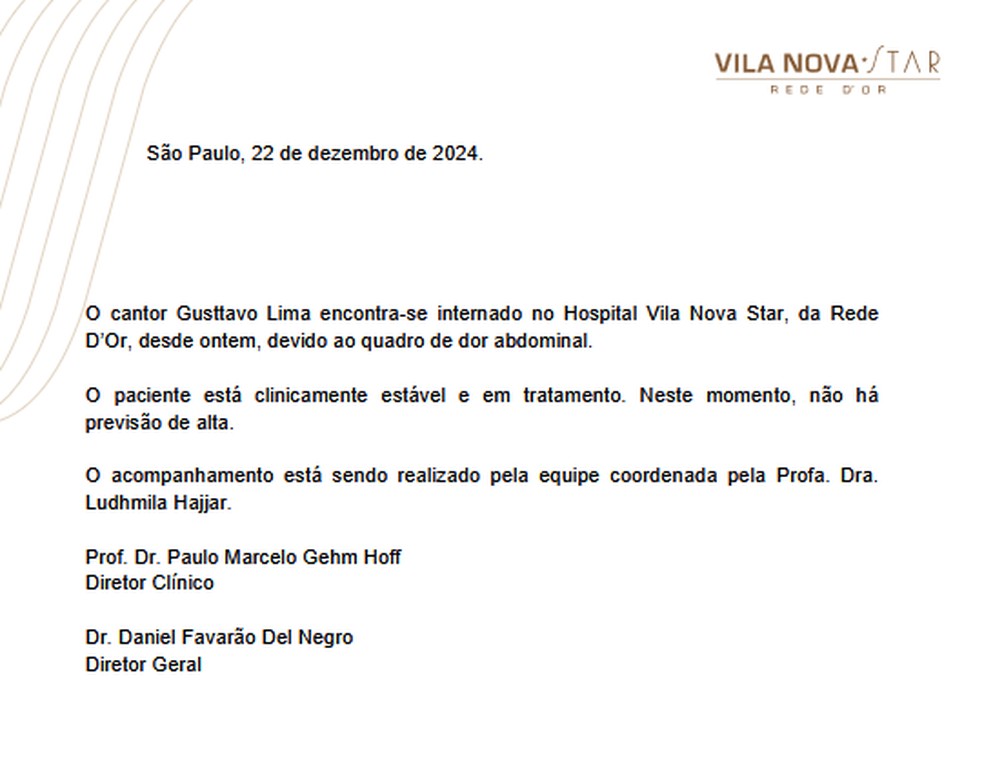 Boletim médico de Gusttavo Lima — Foto: Divulgação