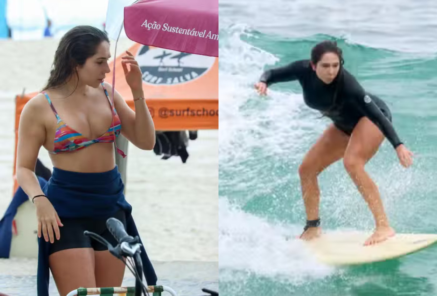 Carol Portaluppi curte praia no Rio e mostra habilidades no surf