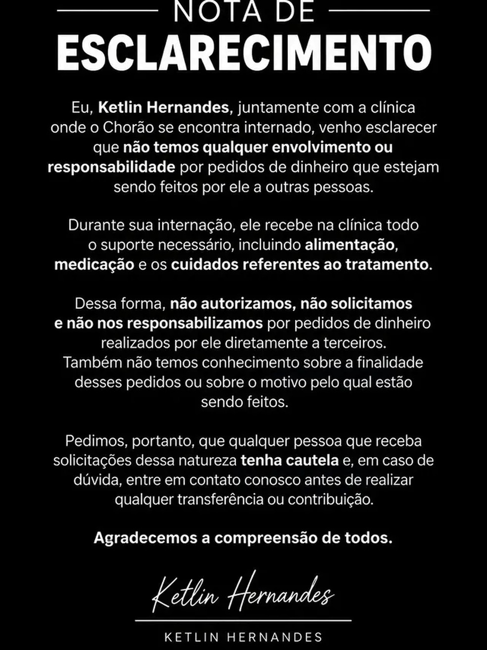 Nota de esclarecimento de Ketlin Hernandes, namorada de Chorão — Foto: Reprodução/Instagram