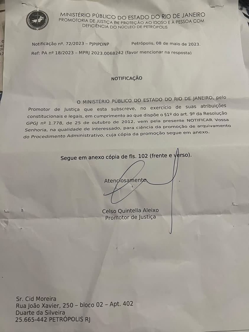 Notificação do Ministério Público do Rio de Janeiro sobre arquivamento da ação de Cid Moreira — Foto: QUEM