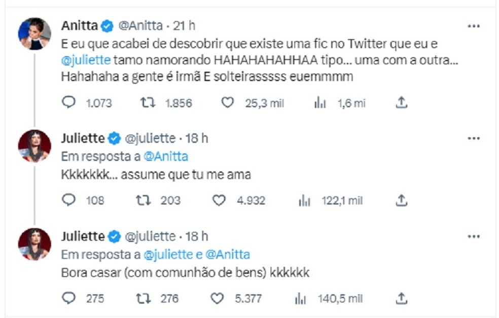 Juliette e Anitta falam sobre rumores de que estariam namorando — Foto: Reprodução/Twitter