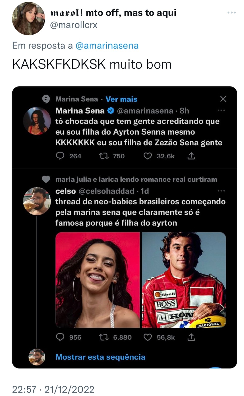 Marina Sena viraliza com memes de que seria filha de Ayrton: 'Chocada