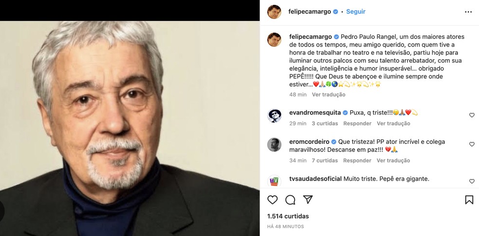 Felipe Camargo homenageia Pedro Paulo Rangel — Foto: Reprodução / Instagram