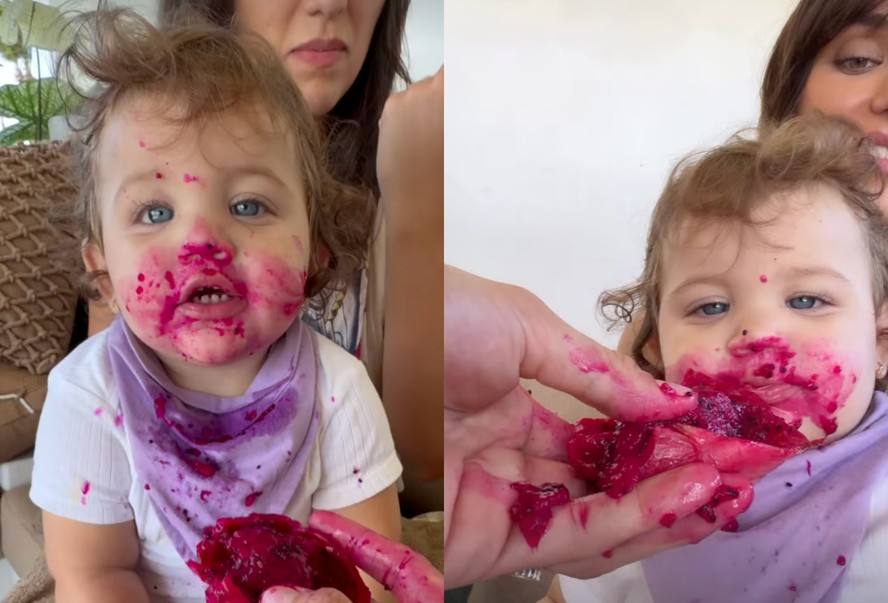 Zuza, filha de Rafa Kalimann e Nattan, experimenta pitaya e diverte os pais