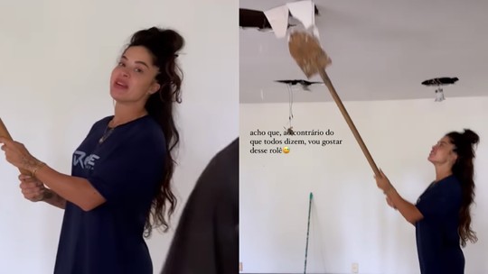 Aline Campos põe a mão na massa e derruba teto de casa em reforma; vídeo