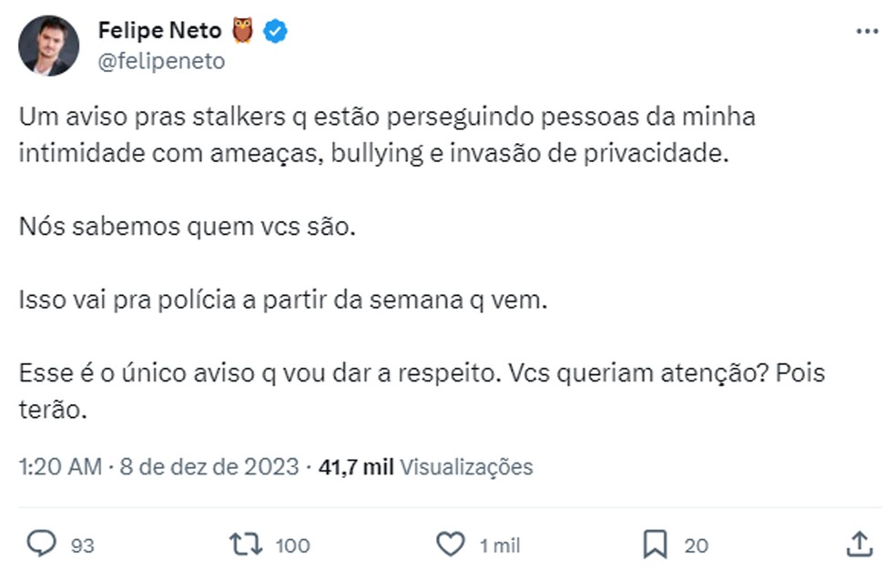 Felipe Neto volta a denunciar ameaças de morte à sua família — Foto: X/Twitter