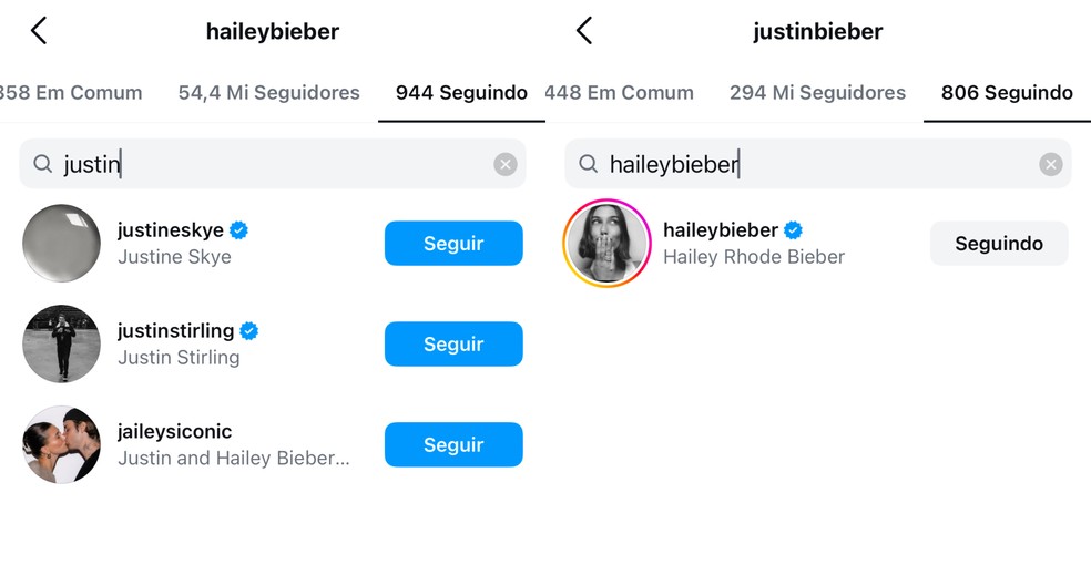 Follows de Hailey Bieber e Justin Bieber — Foto: Reprodução/Instagram