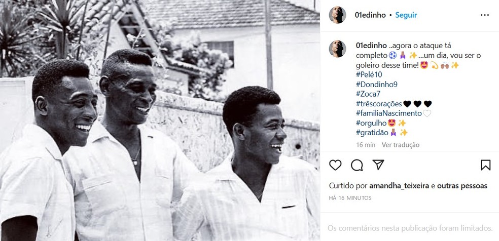 Pelé com o pai, Dondinho, e o irmão, Zoca — Foto: Reprodução/Instagram