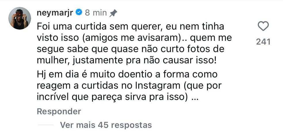 Comentário de Neymar — Foto: Reprodução/Instagram