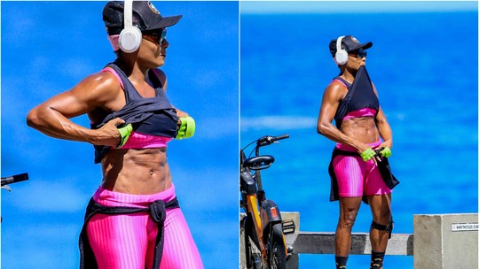 Adriana Bombom exibe barriga trincada em manhã de treino no Rio