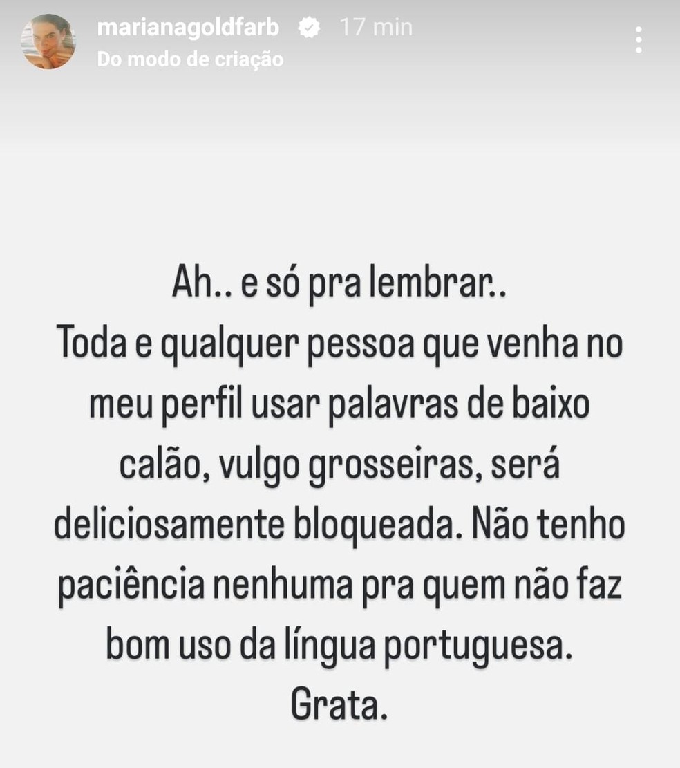 Mariana Goldfarb rebate haters após expor relacionamento abusivo — Foto: Reprodução/Instagram