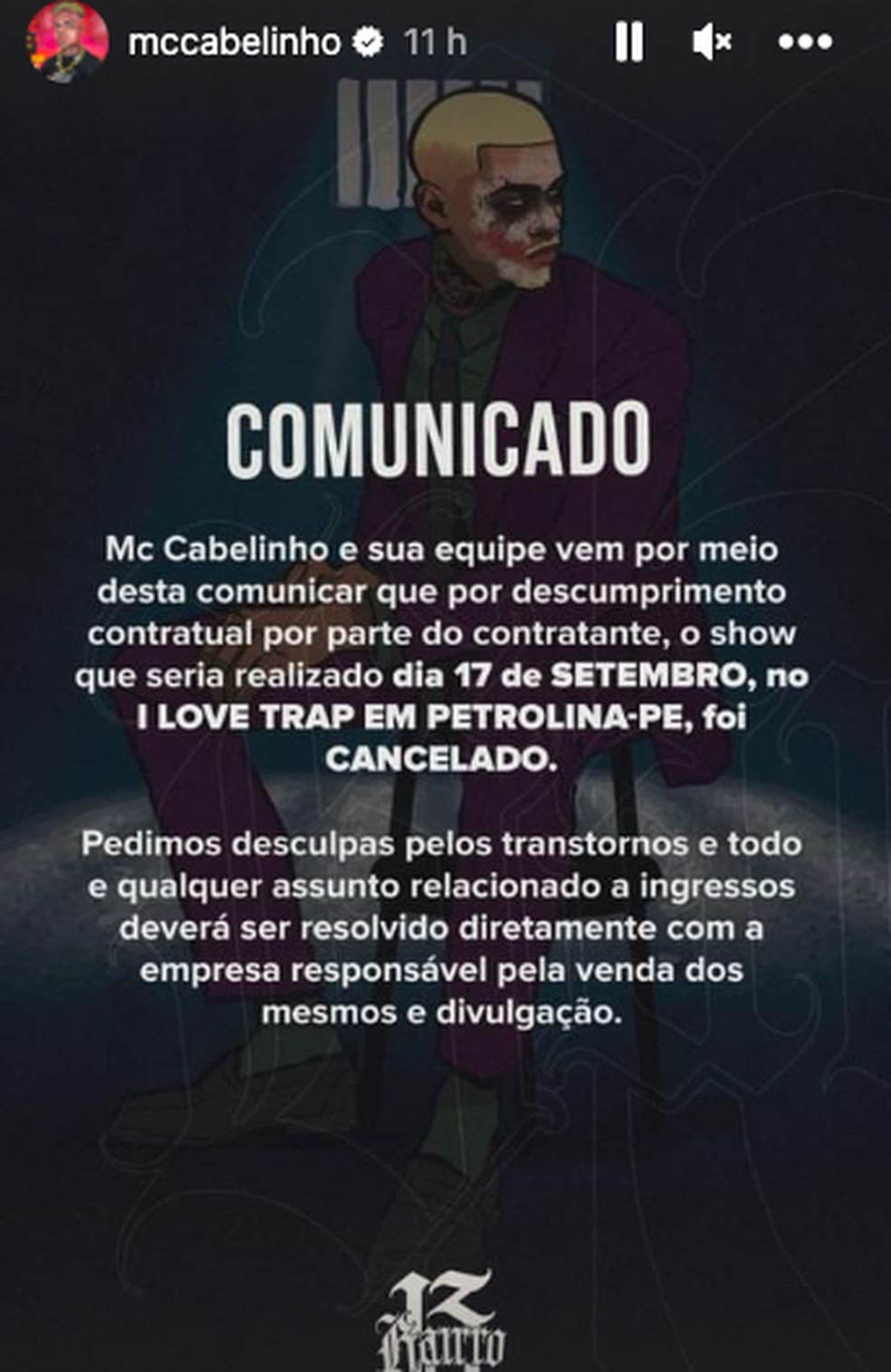 Comunicado MC Cabelinho — Foto: Reprodução