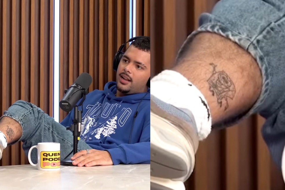 Pedro Sampaio no Quem Pode, Pod com tatuagem de Bob Esponja — Foto: Reprodução/Youtube