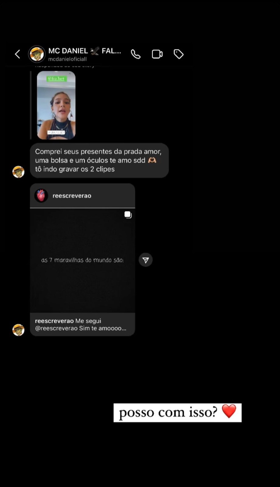 Trecho da conversa de Mel Maia com namorado — Foto: Reprodução / Instagram