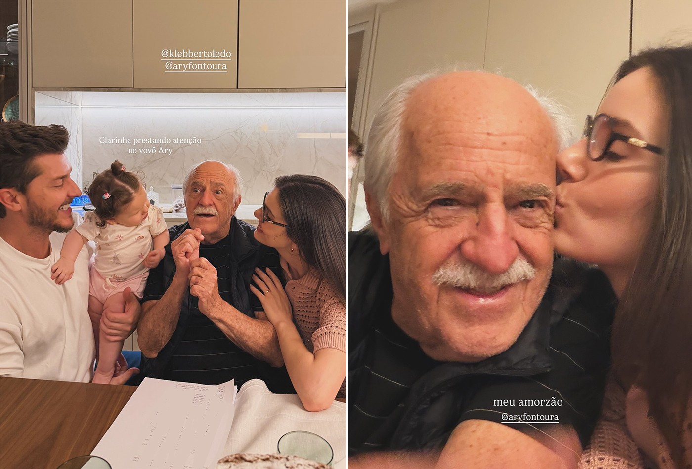 Camila Queiroz, Klebber Toledo e filha recebem visita de Ary Fontoura, 