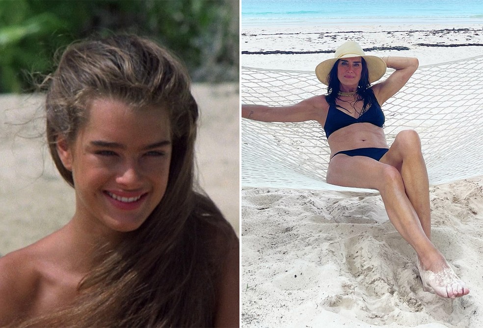 Brooke Shields em 'A Lagoa Azul' (1980) e atualmente — Foto: Divulgação e Reprodução/Instagram