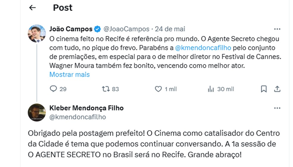 Kleber Mendonça Filho anuncia estreia de 'O Agente Secreto' no Recife (PE) — Foto: Reprodução X