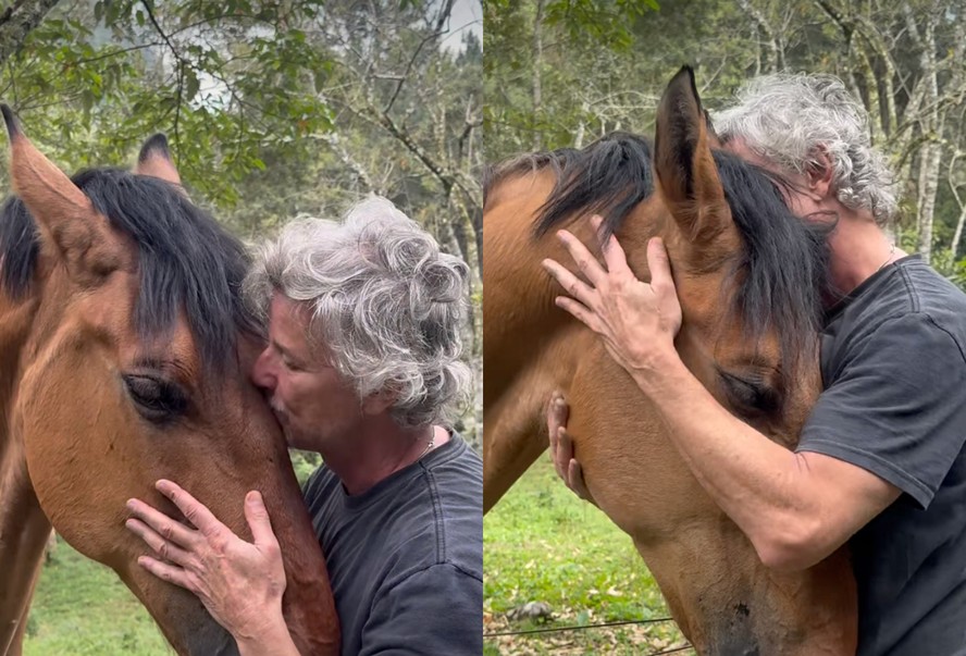 Marcello Novaes mostra momento de afeto com cavalo