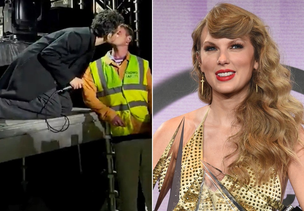 Matty Healy, apontado como novo affair de Taylor Swift, beija segurança em show — Foto: Twitter