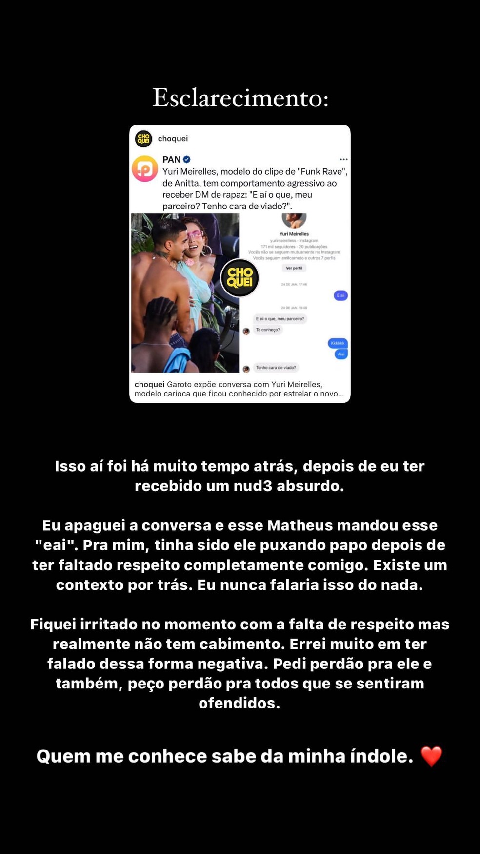 Yuri Meirelles, modelo do clipe 'Funk Rave', de Anitta, posta nota após print de 'patada' em seguidor — Foto: Instagram