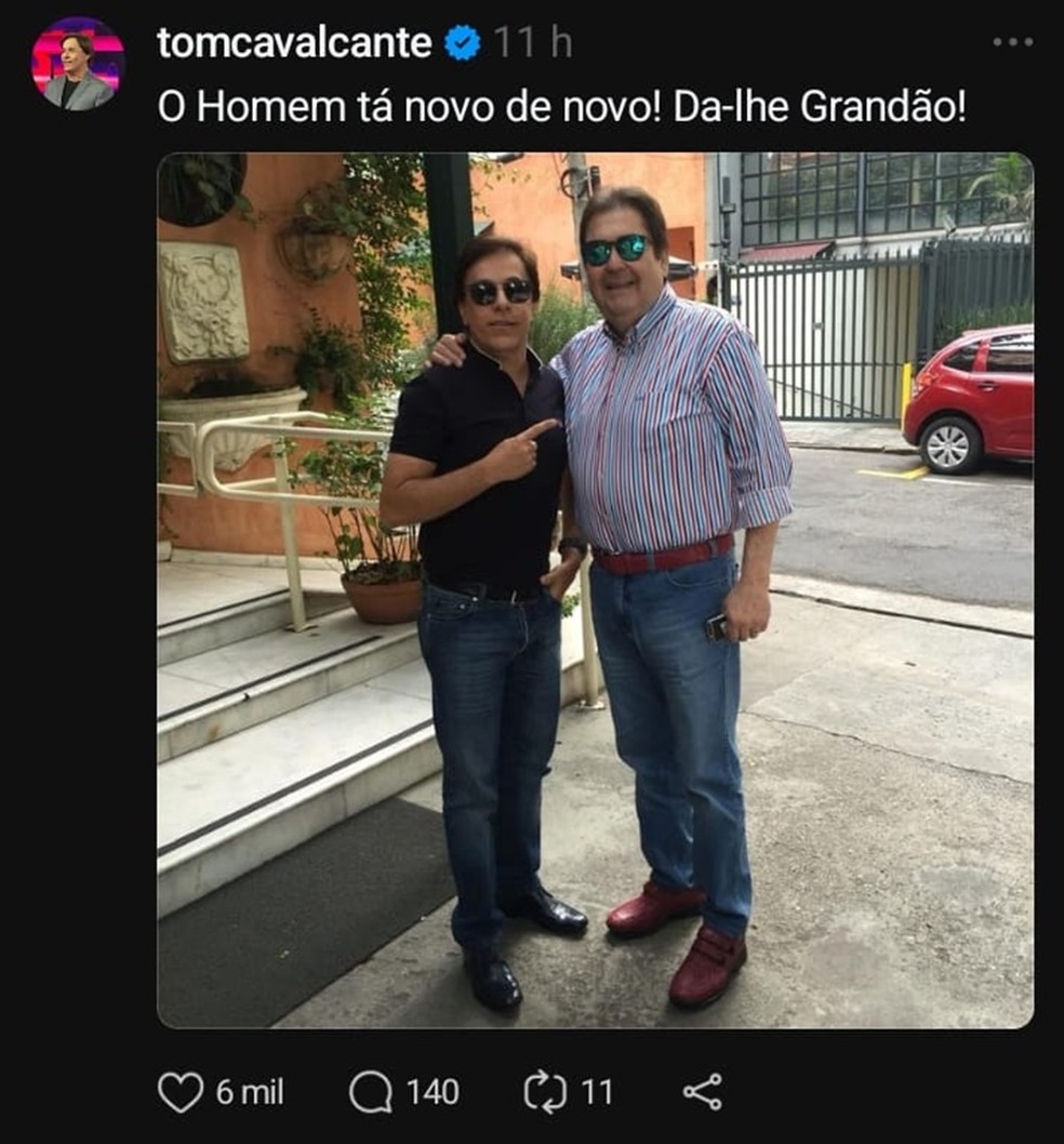 Faustão aparece em foto com Tom Cavalcante em rede social — Foto: Reprodução/Threads