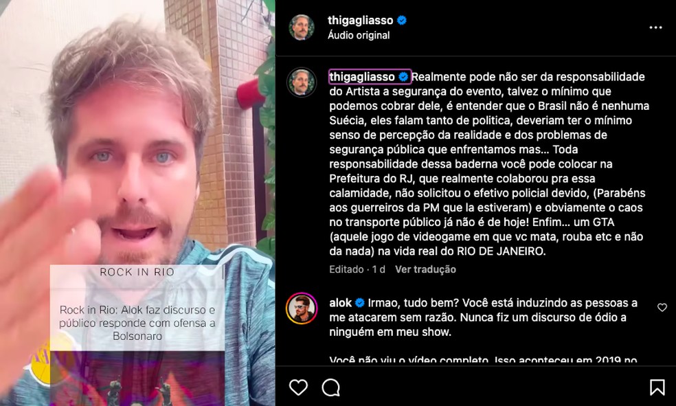 Thiago Gagliasso fez publicação criticando Alok por violência durante sua apresentação em Copacabana. — Foto: Reprodução/ Instagram