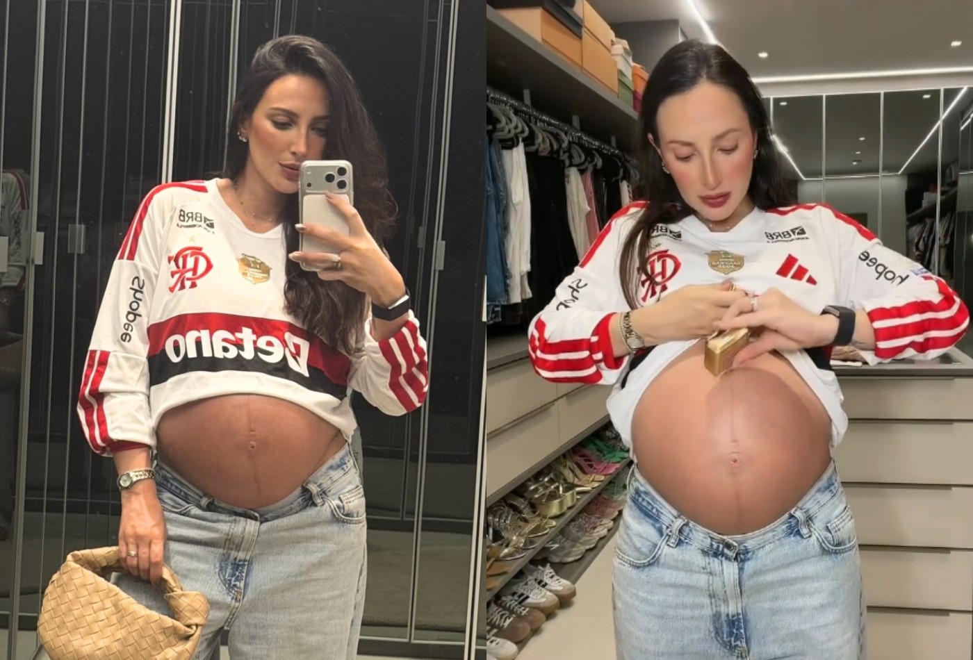 Gravidíssima, mulher de Léo Ortiz elege look com barriga à mostra para jogo do Flamengo - QTU Questões do Universo