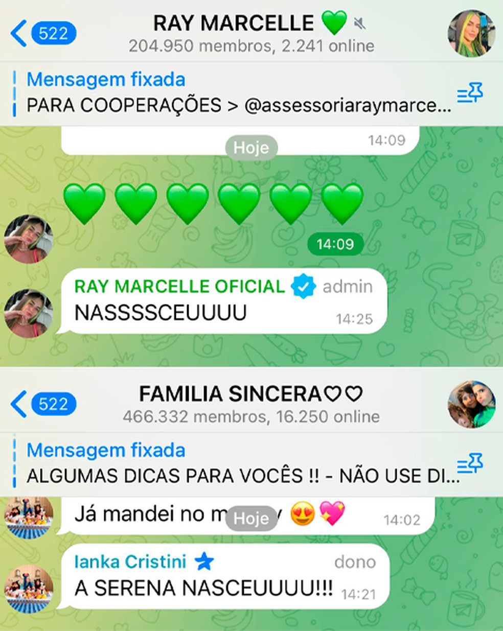 Confirmações do nascimento de Serena — Foto: Reprodução / Telegram