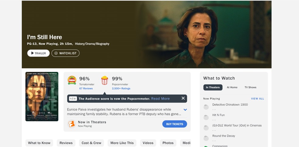 'Ainda Estou Aqui': 99% de aprovação do público e 96% da crítica no Rotten Tomatoes — Foto: Reprodução