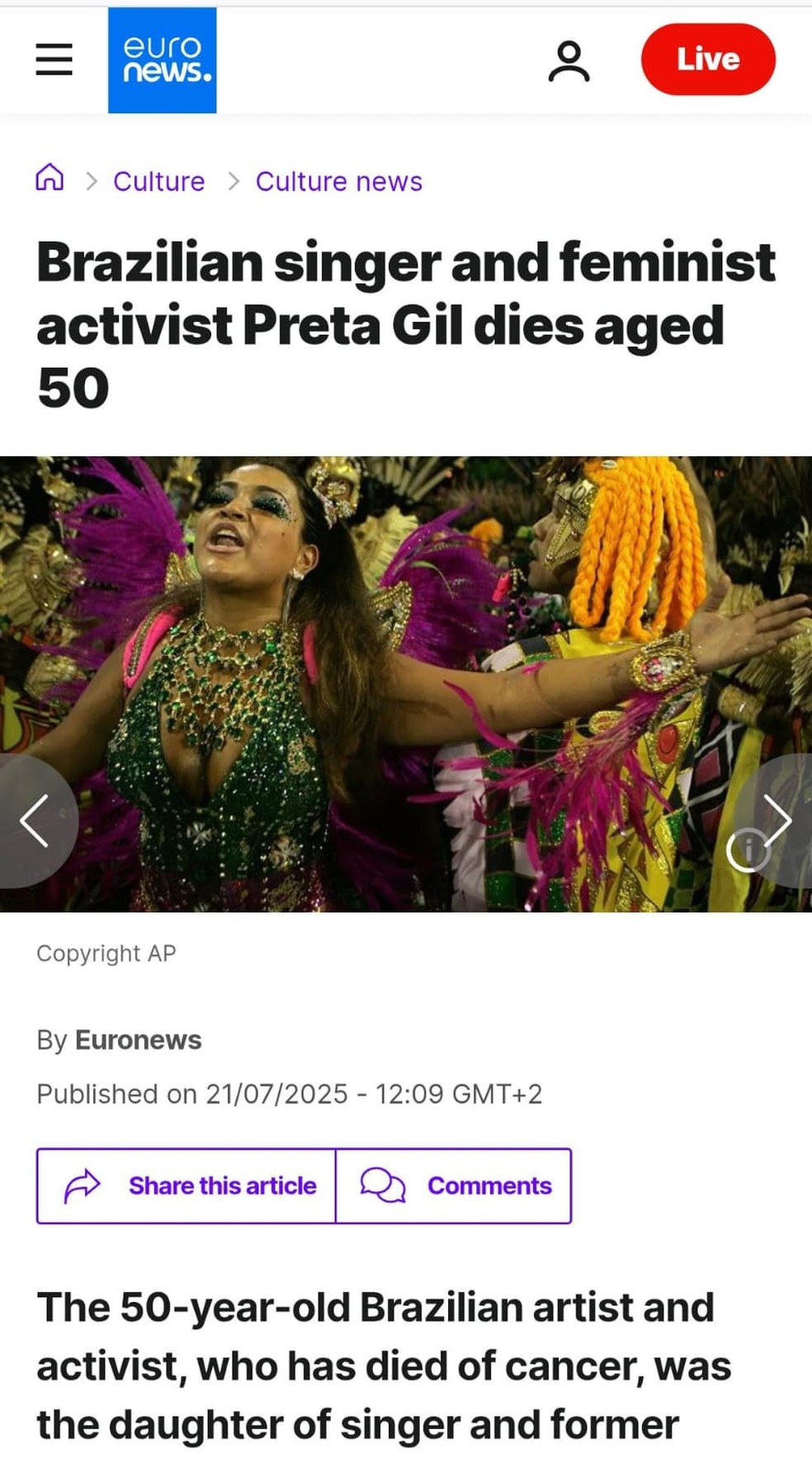 Imprensa internacional repercute morte de Preta Gil — Foto: Reprodução/Instagram