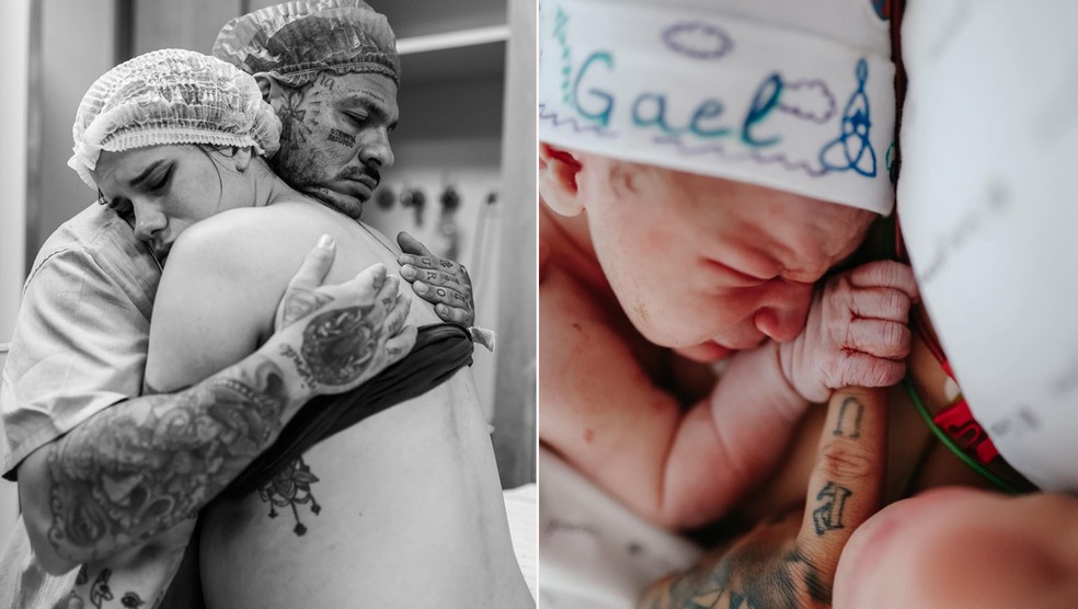 Tiago Toguro e Nara Paraguaia durante o parto do primeiro filho Gael — Foto: Reprodução Instagram