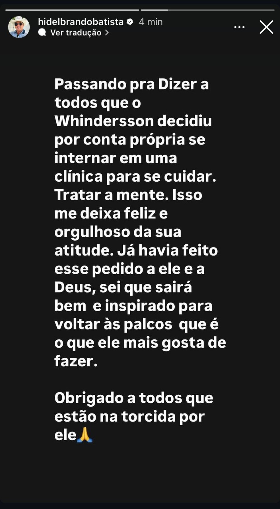 Post de Hidelbrando Batista, pai de Whindersson Nunes — Foto: Reprodução | Instagram