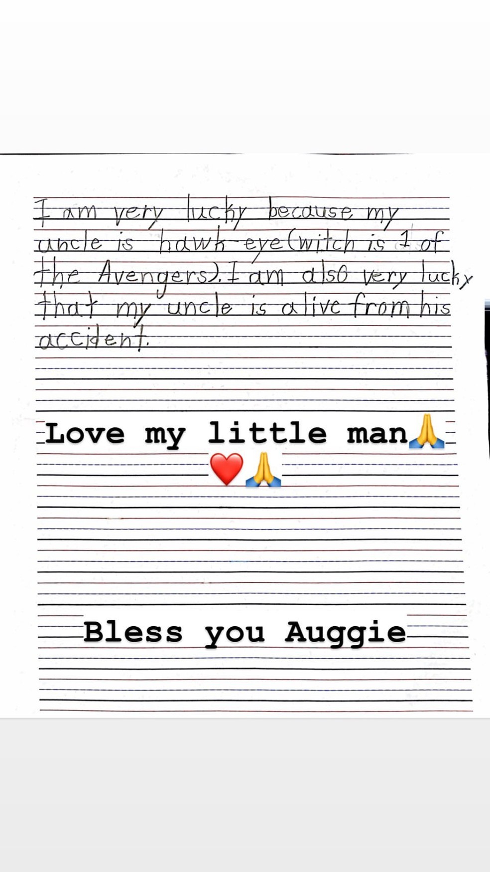 A carta do sobrinho de Jeremy Renner — Foto: Reprodução Instagram