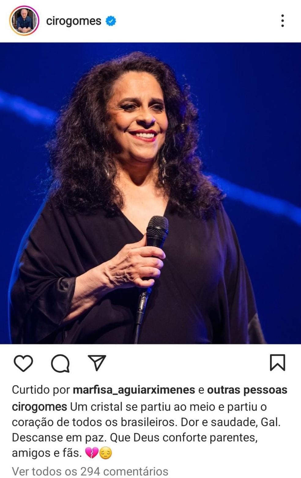 Ciro Gomes fala sobre perda de Gal — Foto: reprodução do Instagram