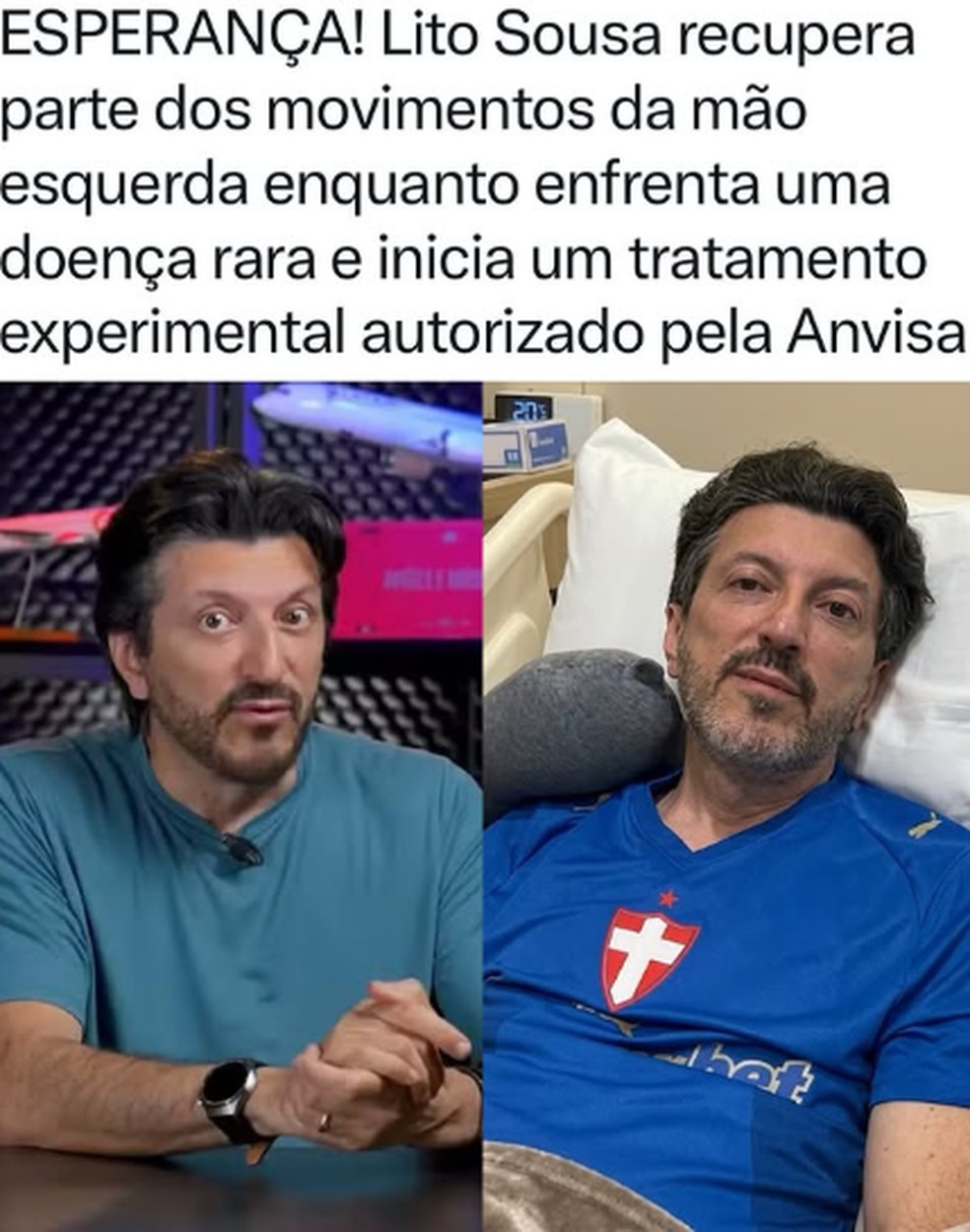 Esposa de Lito Sousa negou que marido recuperou movimentos da mão — Foto: Reprodução/Instagram