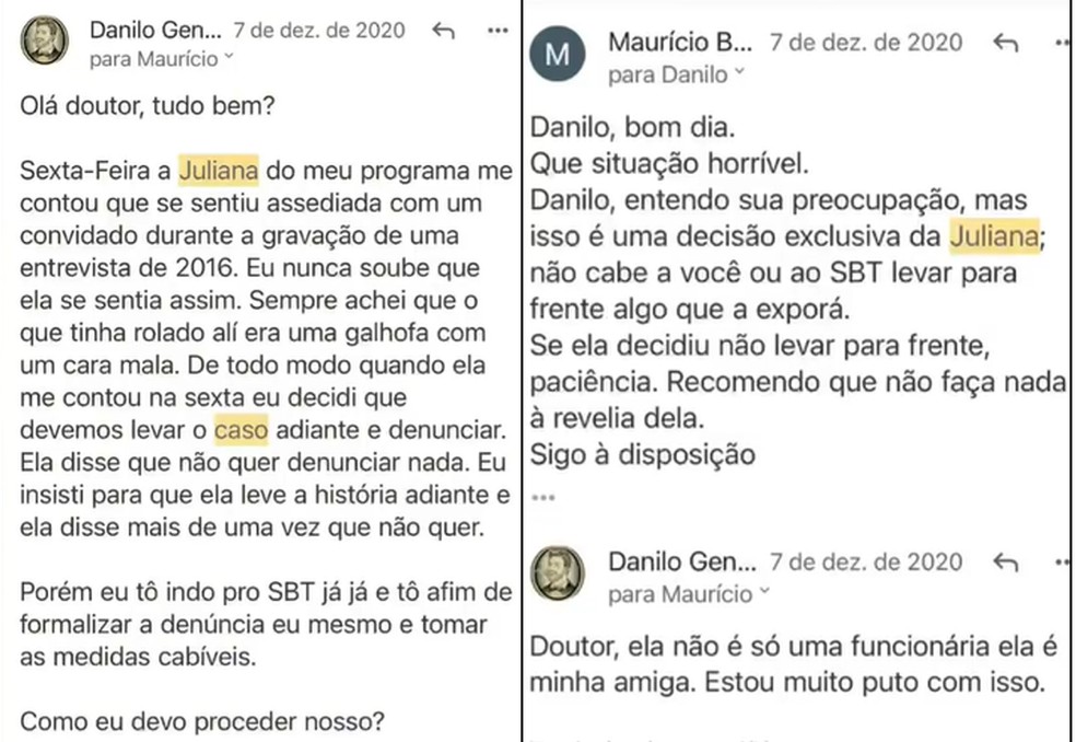Print de conversa entre Danilo Gentili e seu advogado sobre o caso de Juliana Oliveira &mdash; Foto: Reprodu&ccedil;&atilde;o Instagram