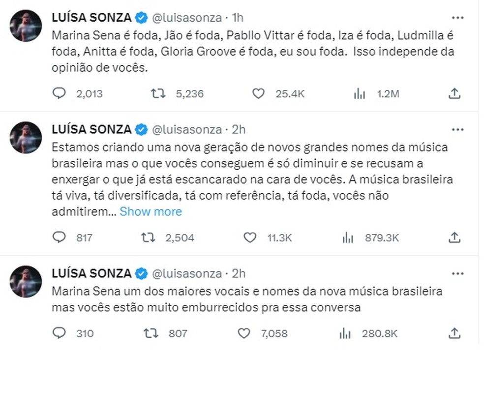 Print dos posts de Luísa Sonza no Twitter sobre Marina Sena — Foto: Reprodução/Twitter
