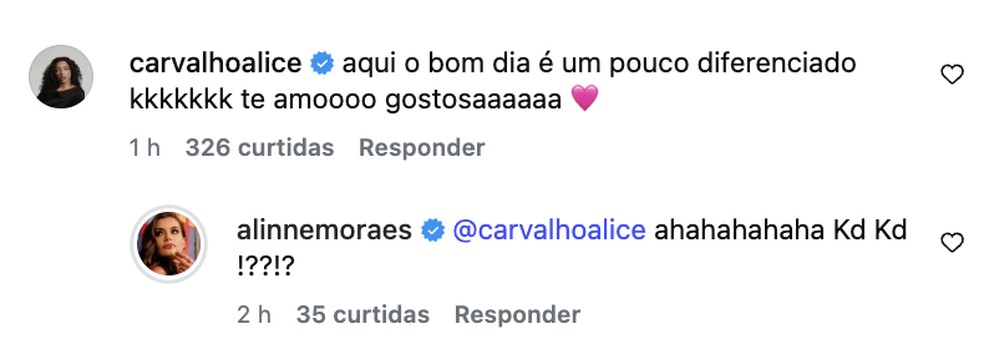 Alice Carvalho elogia Alinne Moraes — Foto: Reprodução/Instagram