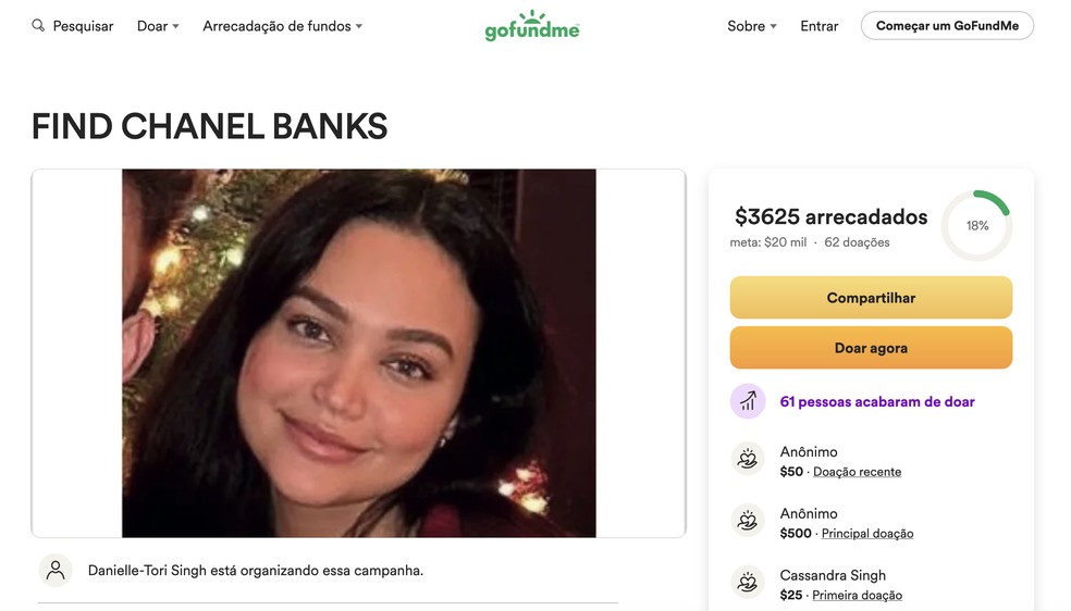 Página de arrecadação ​de fundos para encontrar Chanel Maya Banks‍ — Foto: Reprodução