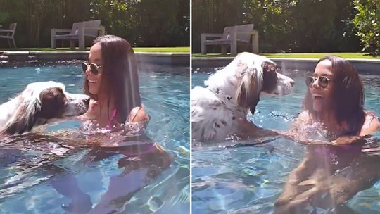 De biquíni, Anitta toma banho de piscina com cachorrinho; assista