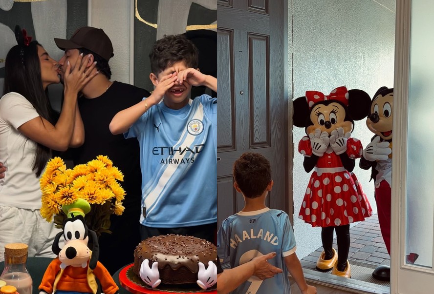 Gabriela Versiani e Murilo Huff curtem café da manhã em família com Mickey e Minnie em Orlando