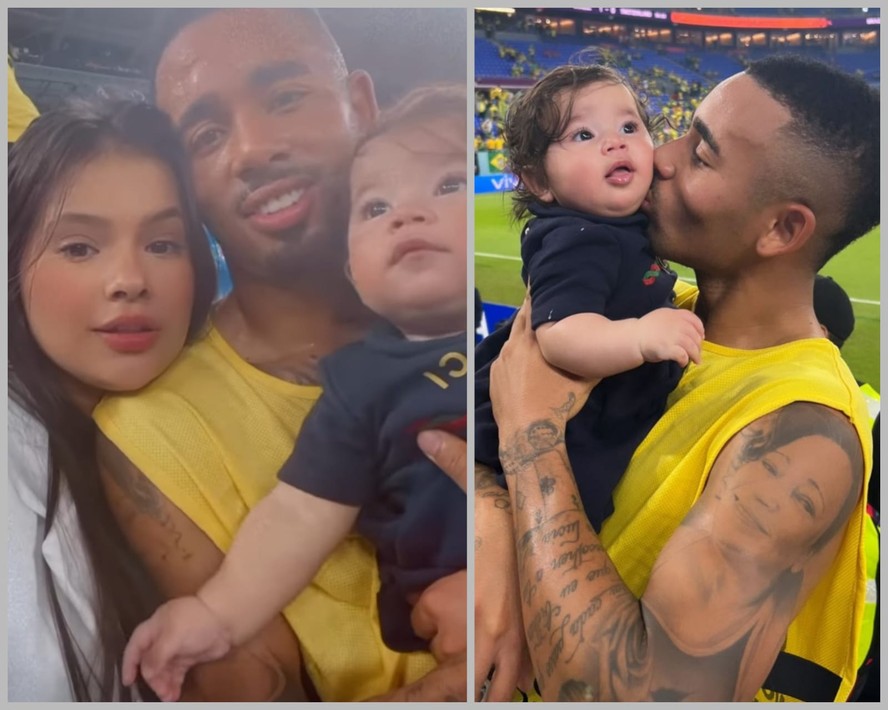 Gabriel Jesus celebra vitória da Seleção com Raiane Lima e filha