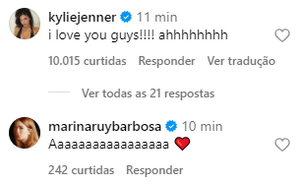 Kylie Jenner e Marina Ruy Barbosa comemoram gravidez de Hailey e Justin Bieber — Foto: Reprodução/Instagram
