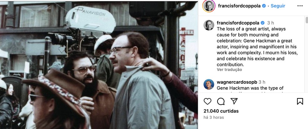 O diretor Francis Ford Coppola prestou homenagem para Gene Hackman — Foto: Reprodução/Instagram